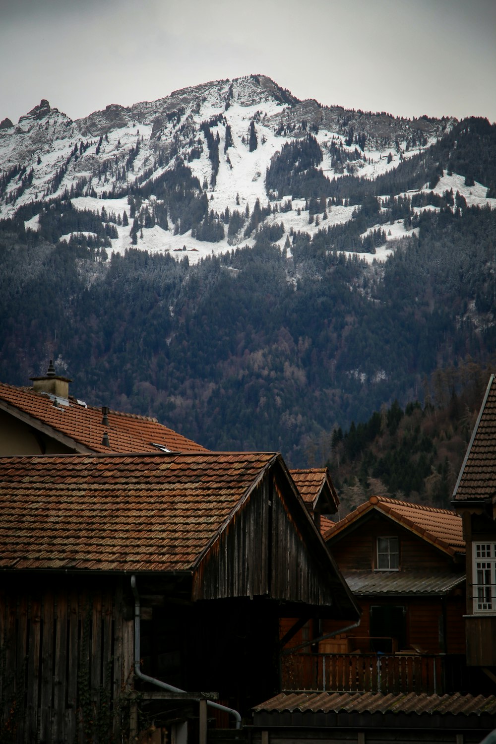 a view of a mountain range with houses in the foreground