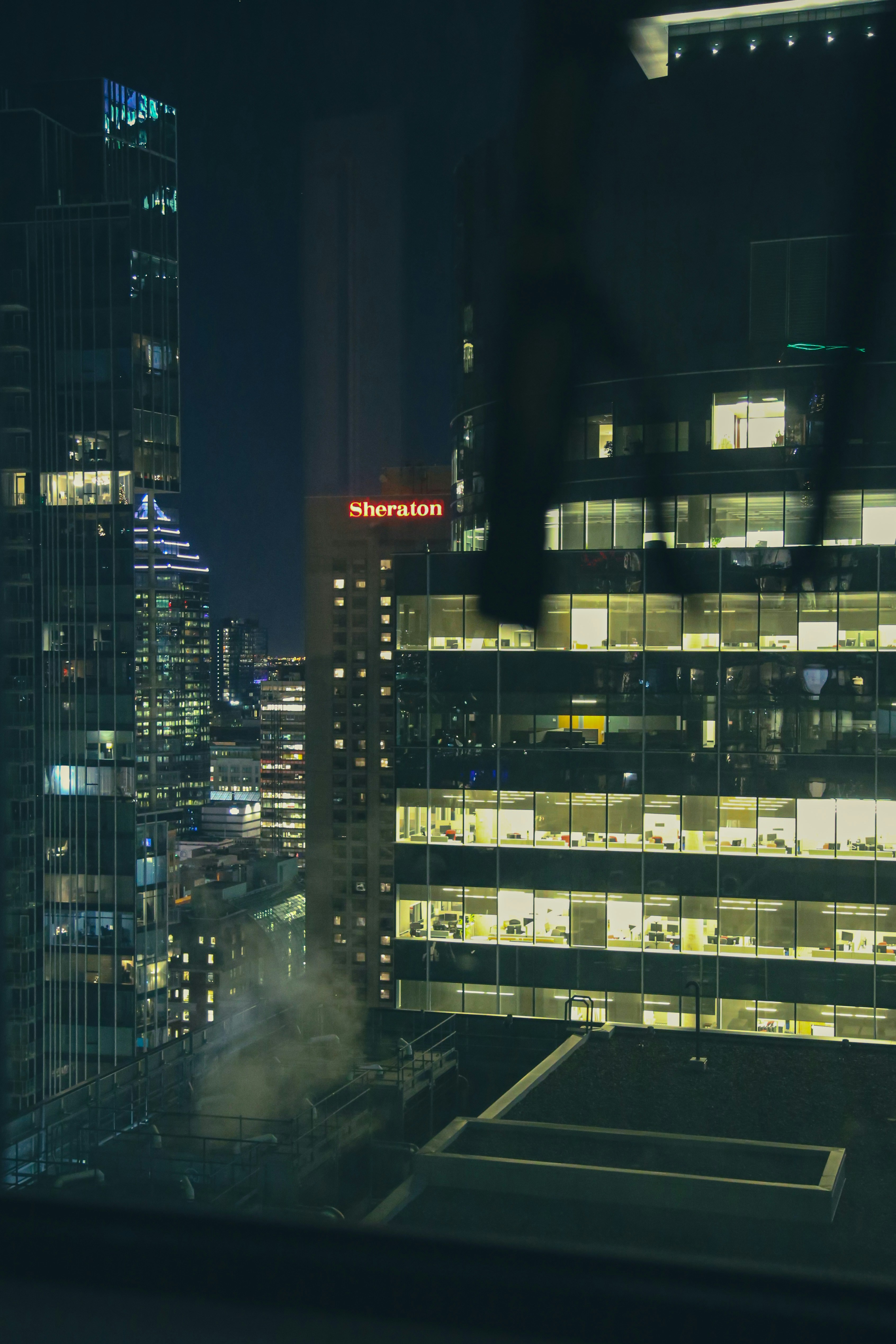 City skyscrapers illuminated at night.