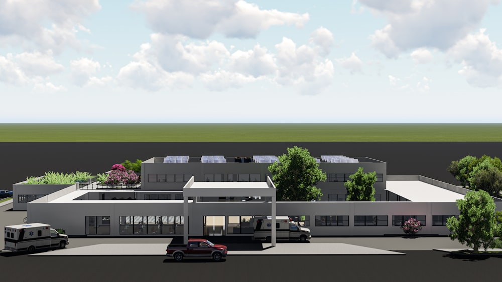 an artist's rendering of a building with cars parked in front of it