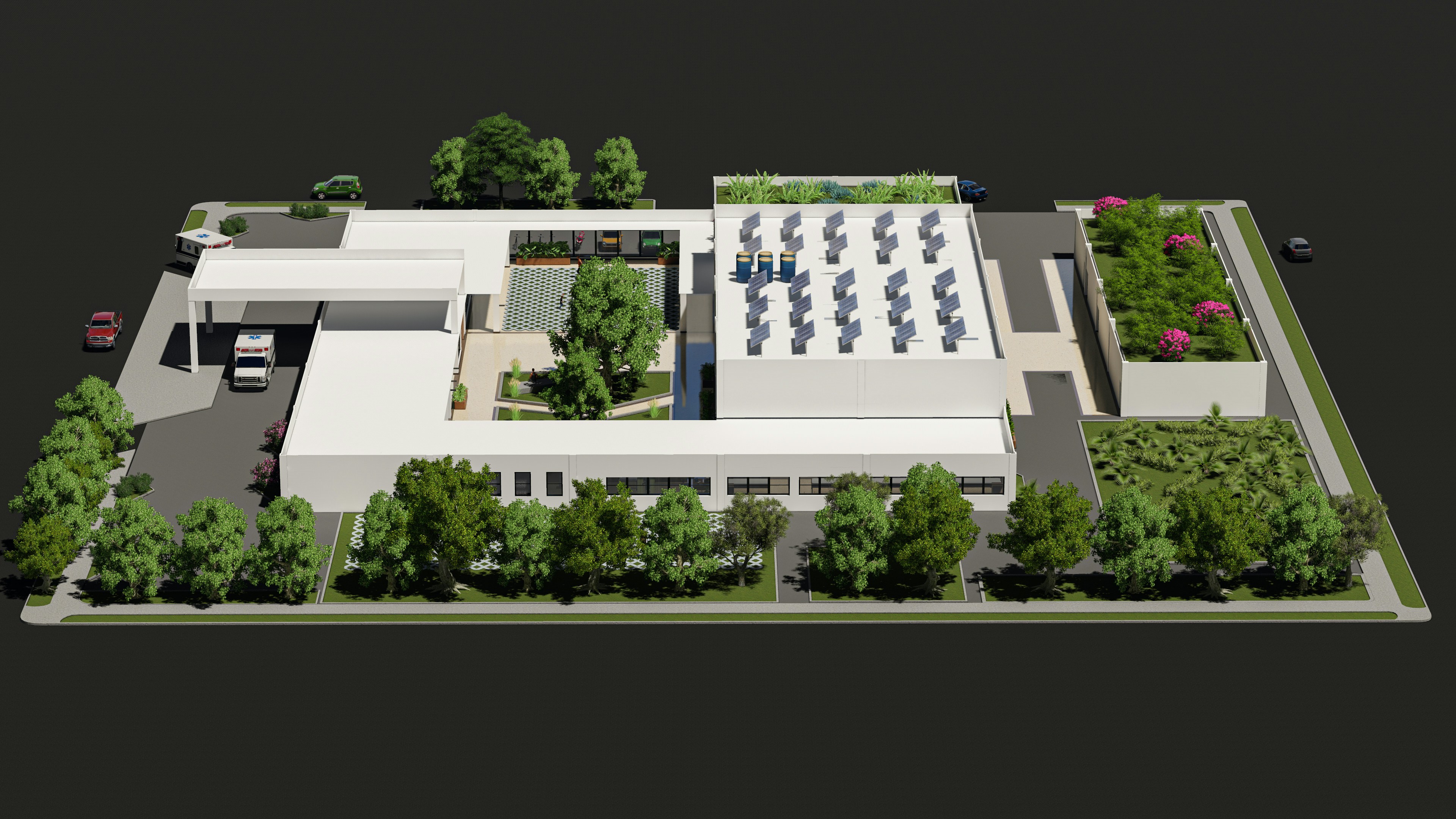 an aerial view of a building with a parking lot