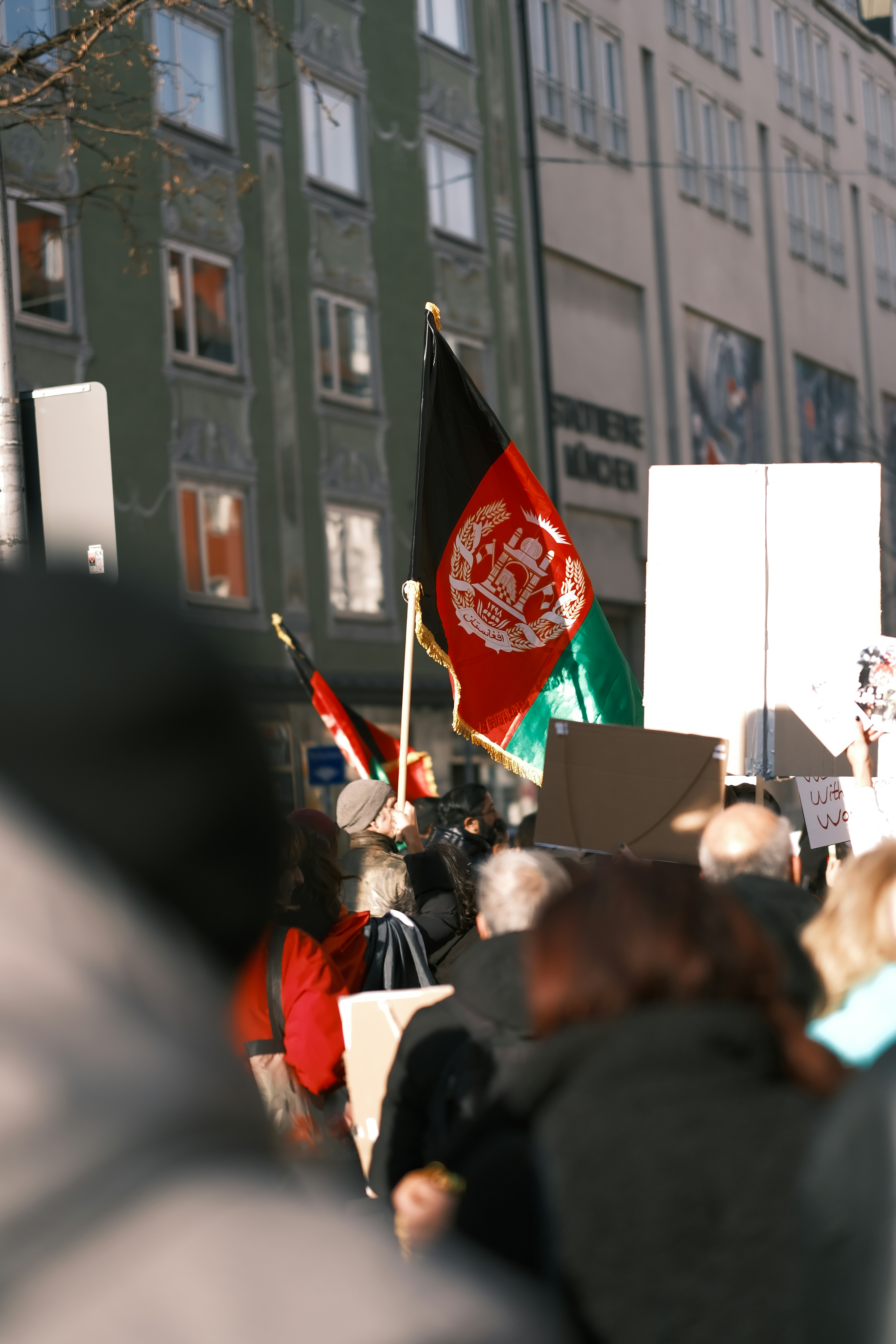 a group of people holding flags and signs