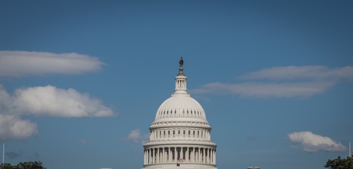 A detailed illustration of the U.S. Capitol building under a clear blue sky.