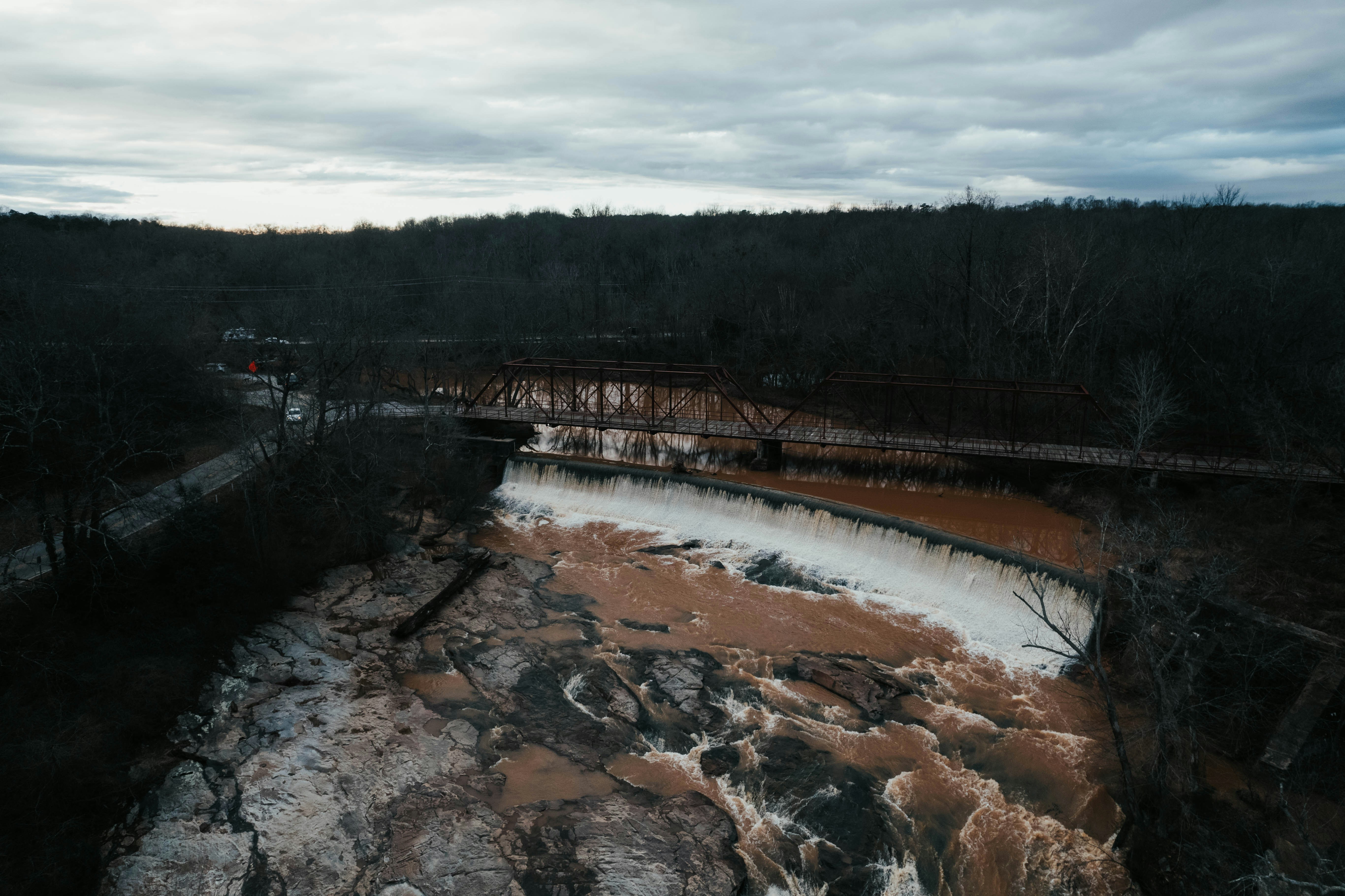 Ein Fluss, der unter einer Brücke neben einem Wald fließt