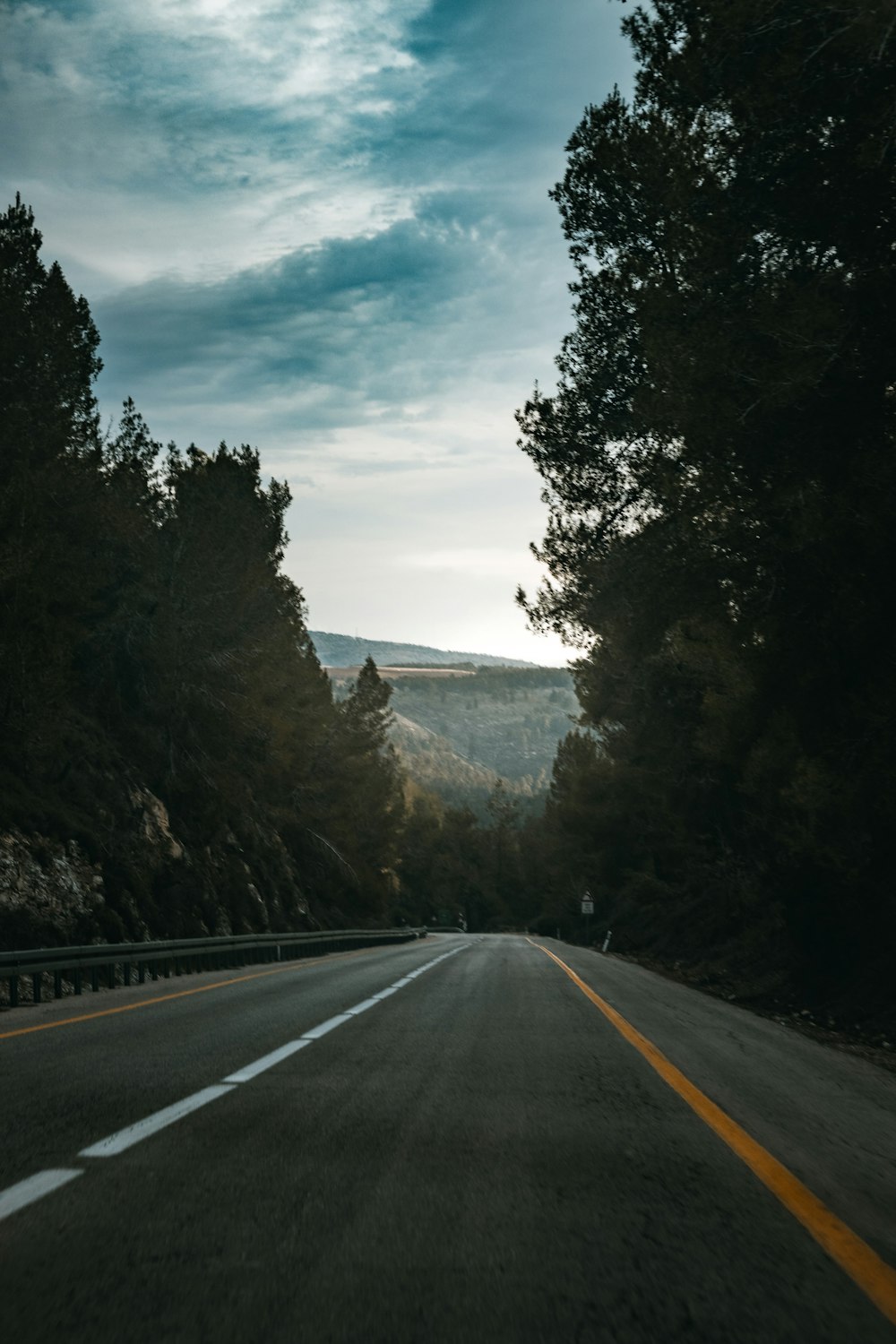 an empty road with trees on both sides