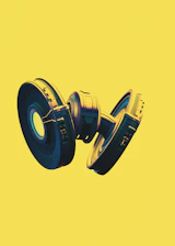 An abstract machine with gears and wires forming a glowing speech bubble in mustard yellow.