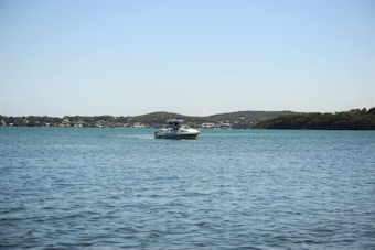 A motorboat is moving across a calm body of water with gentle waves. The background features a distant shoreline with several hills and some scattered houses visible along the coast under a clear blue sky.