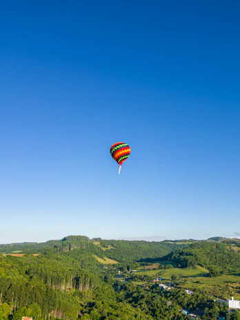 A colorful hot air balloon soaring gently over lush green fields at sunrise.