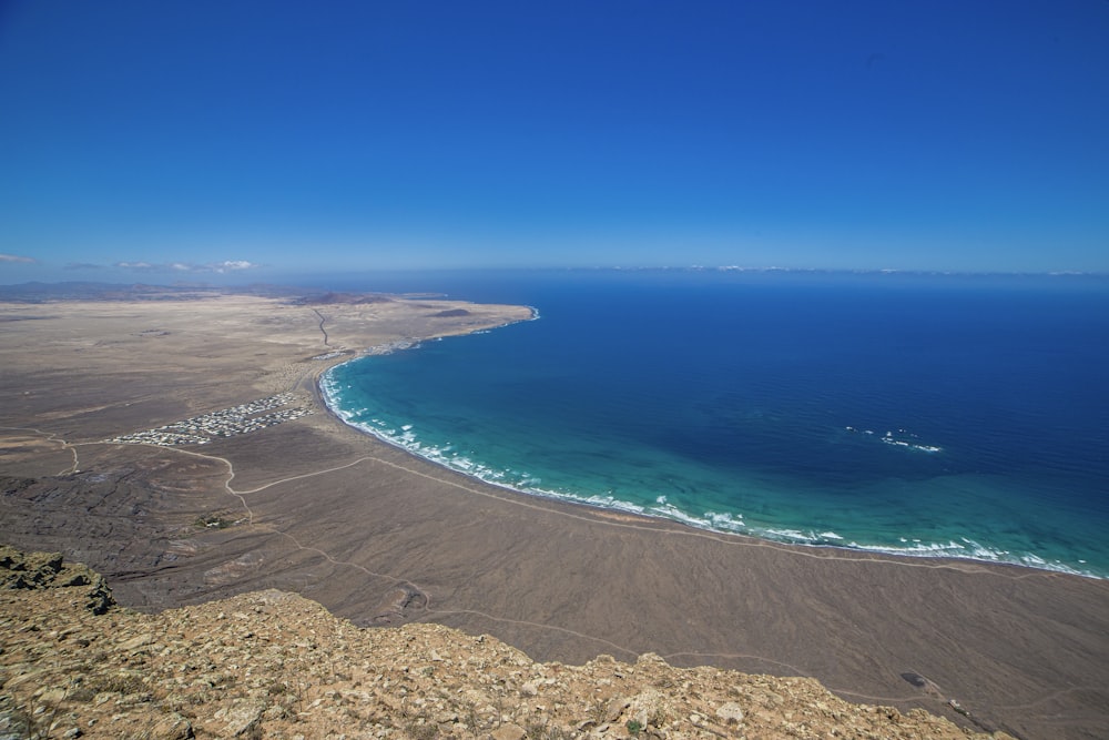 a large body of water sitting next to a sandy beach