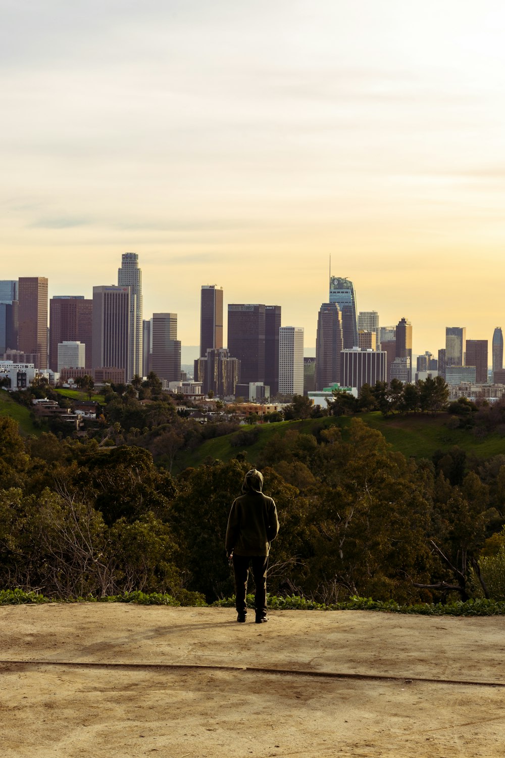 a man standing in front of a city skyline