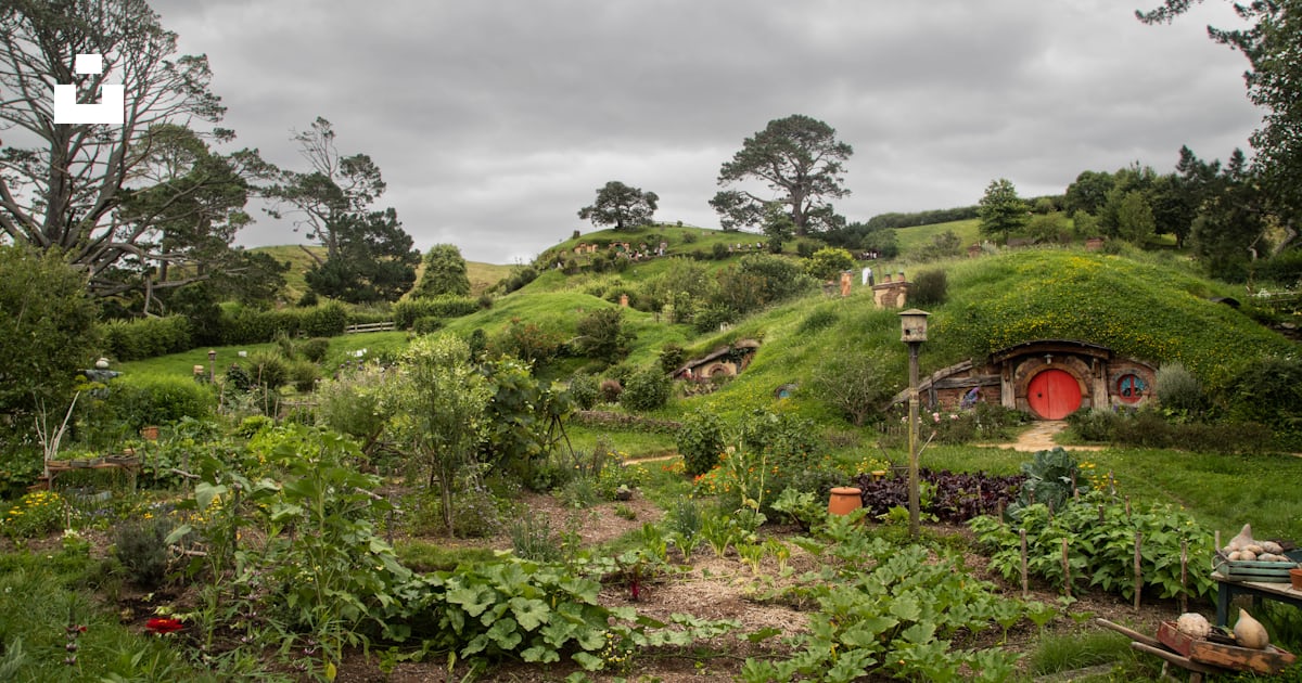 Foto zum Thema ein üppiger grüner Hügel mit einer roten Tür