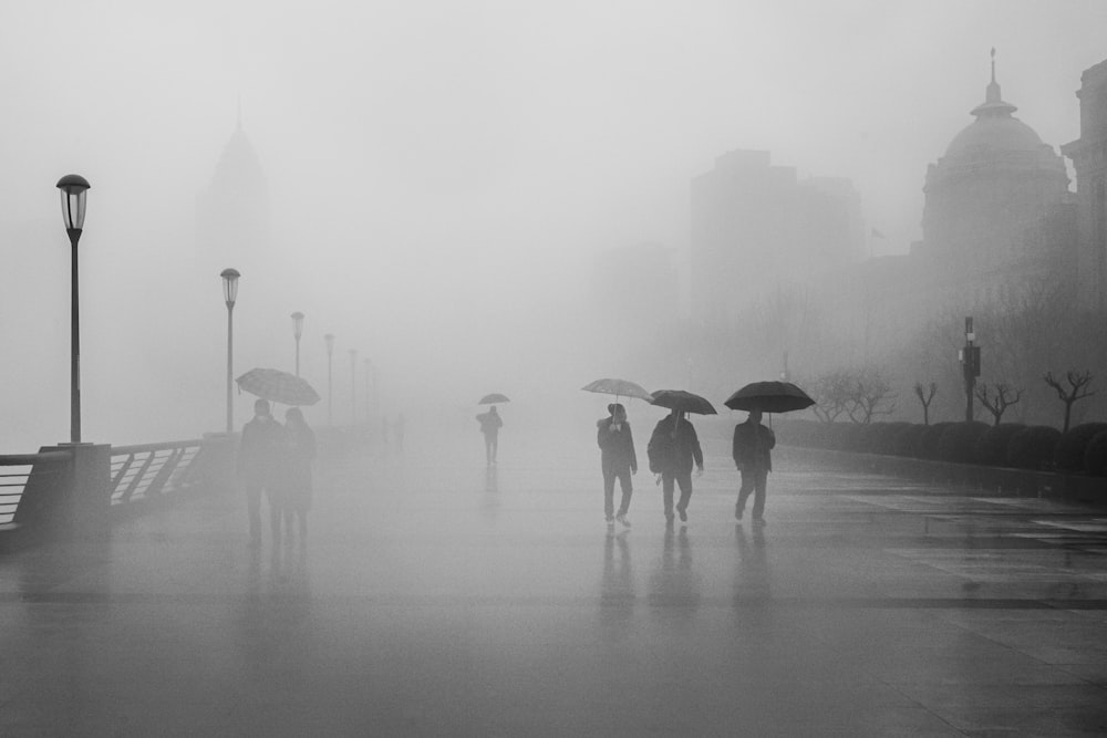 Un gruppo di persone che camminano lungo una strada tenendo ombrelli