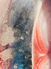 Close-up view of a raw fish with visible scales and ice crystals. The skin texture is shiny, with a blue-gray coloration in the center and pinkish hues towards the edges. Ice crystals are scattered on the surface, creating a frosty appearance.