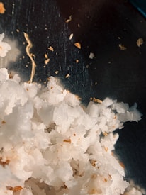 A close-up view of shredded, white coconut, with small brown specks scattered throughout. The background is dark, emphasizing the texture and color variation within the coconut pieces.