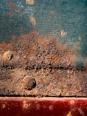 Rusty metal surface with distinct patches of corrosion and textured buildup. Various shades of brown, orange, and dark green intermingle, highlighting the metal's degradation. Rivets and bolt heads can be seen emerging from the corroded areas.