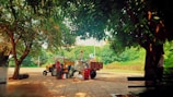 A group of farmers gathered around a tractor in a green field.