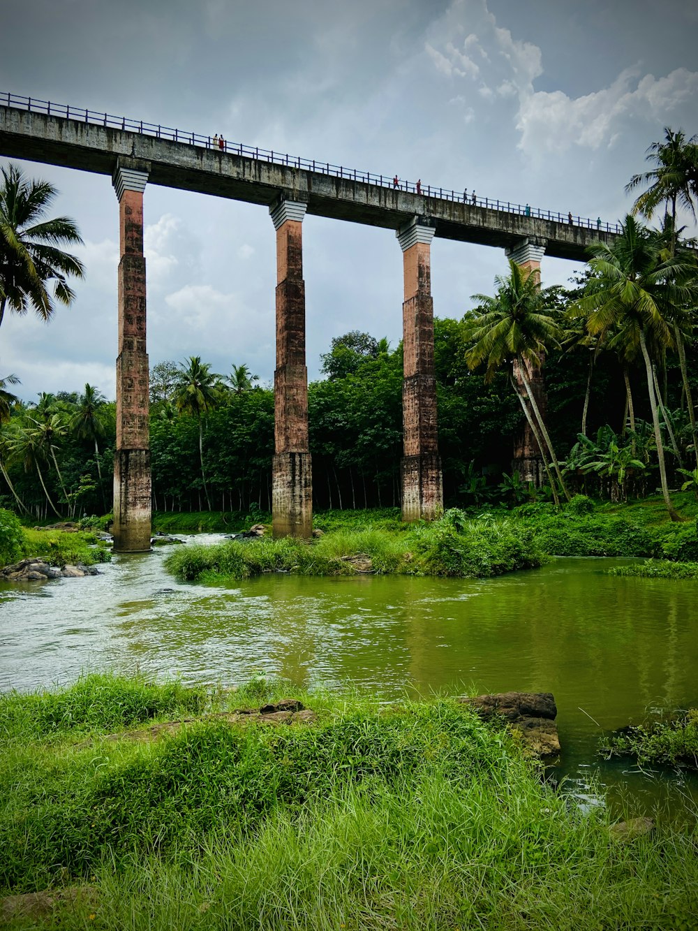 a bridge over a river with palm trees in the background