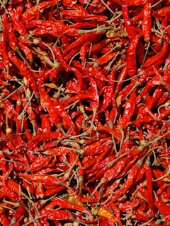 A large quantity of dried red chili peppers with their stems are scattered closely together, creating a vibrant and textured surface.