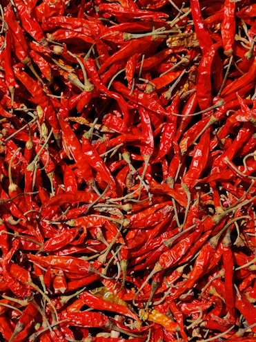 Close-up of deep red Guntur chillies highlighting their rich texture and flavor essence.