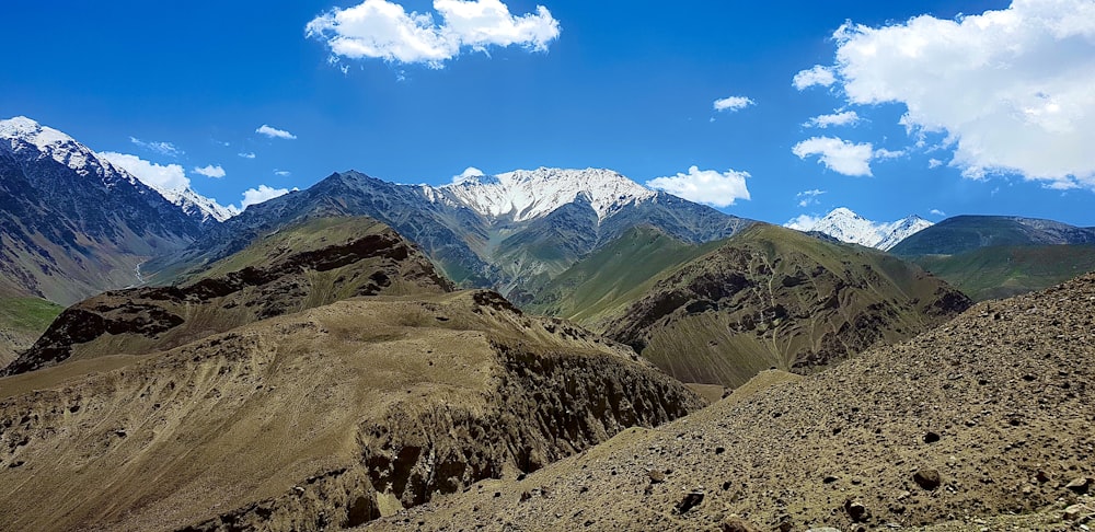 a mountain range with snow capped mountains in the background