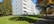 A multi-story residential building with a white facade is situated next to a lush green lawn bordered by a row of trees displaying autumn foliage. A street runs parallel to the building with several parked cars. The sky is clear, enhancing the brightness of the scene.