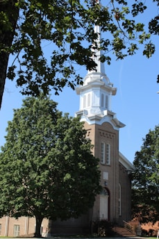 A brick church building with a tall white steeple and small windows, partially obscured by large, leafy green trees. Sunlight illuminates the scene, casting shadows on the church and surrounding foliage.