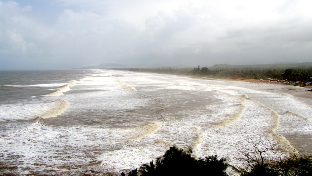 a large body of water sitting next to a sandy beach