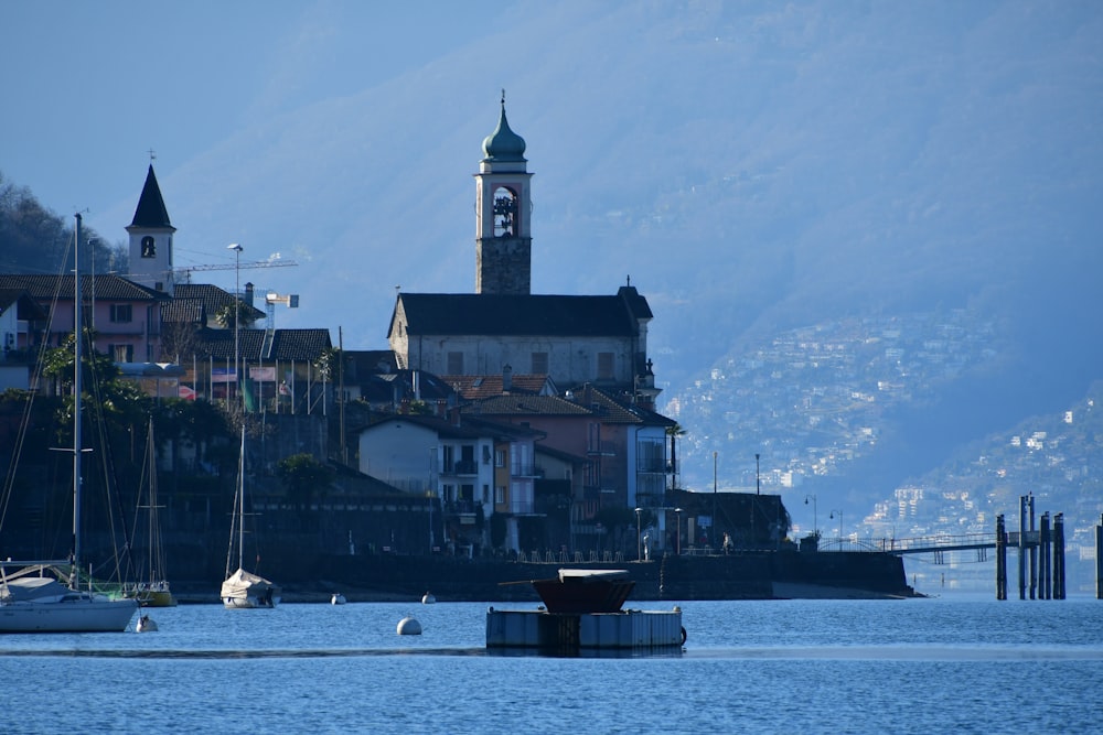 a body of water with boats and buildings in the background