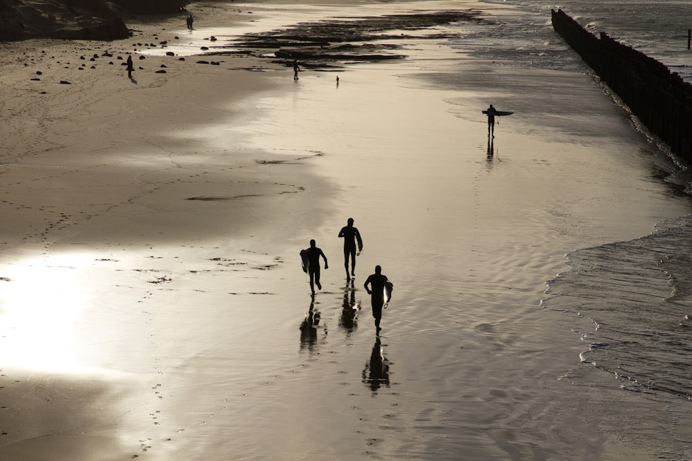 a group of people walking along a beach next to the ocean