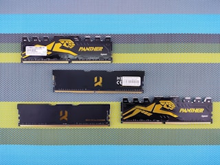 Four black computer RAM modules with gold and yellow accents are arranged on a textured, multicolored surface. Two of the modules have the word 'PANTHER' and an illustrated panther logo on them, while the other two have a stylized logo in the center. All modules show technical details and barcodes on stickers.