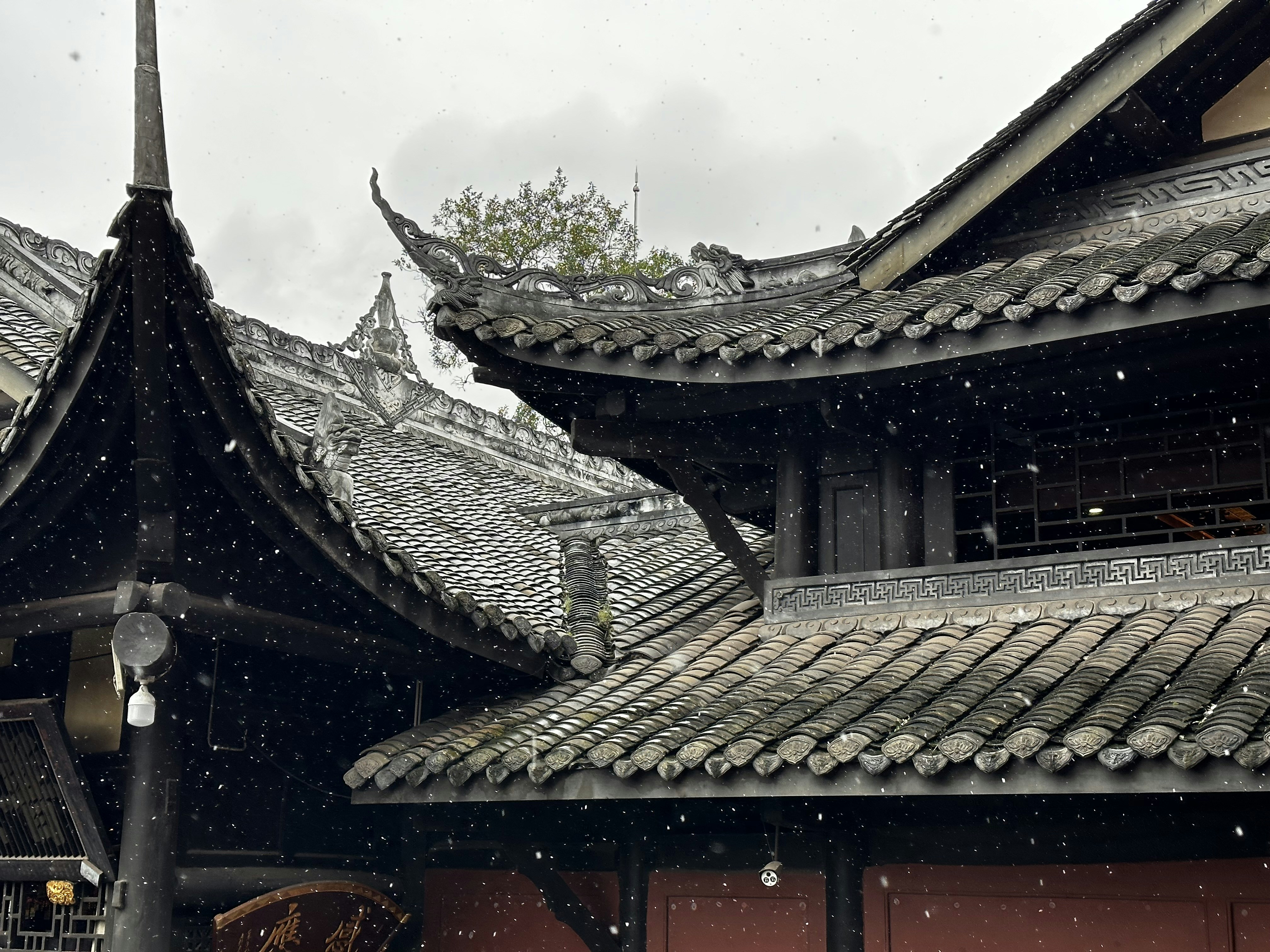 o telhado de um edifício está coberto de neve