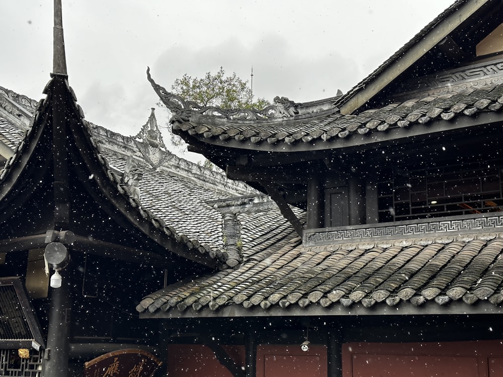 the roof of a building is covered in snow