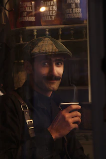 A grumpy old man scowling while holding a steaming coffee cup in a dimly lit recovery meeting room.