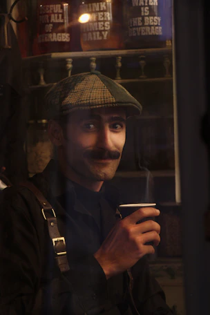 A cozy scene showing a person wearing a hoodie and holding a cup with a baseball cap nearby.