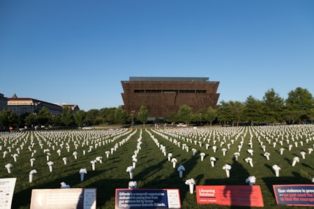 A large field with numerous white flower arrangements placed in rows, each symbolizing a purpose. In the background is a distinctive, modern brown building surrounded by lush trees. Information boards in the foreground provide details about a nonprofit organization and convey messages related to gun violence prevention.