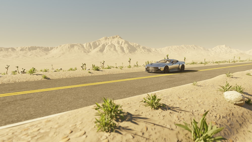 a car driving down a desert road with mountains in the background
