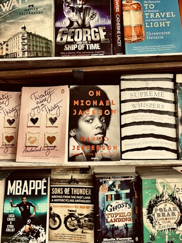 A bookshelf displaying various books including titles such as 'George and the Ship of Time', 'On Michael Jackson', and 'The Ghosts of Tupelo Landing'. The books are arranged in a tidy manner on wooden shelves.