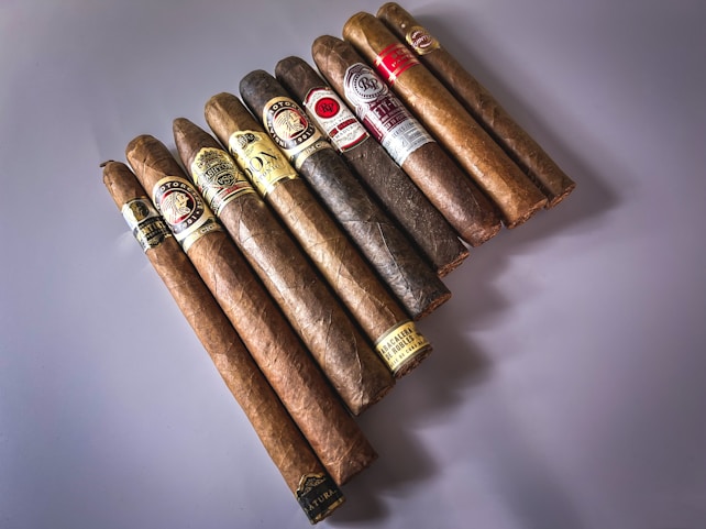 A collection of ten cigars is neatly arranged on a flat surface, each wrapped in different colored bands that provide branding and flavor information. The cigars vary slightly in color from light to dark brown, suggesting different tobacco types and origins. The surface they rest on is smooth and softly shadowed.