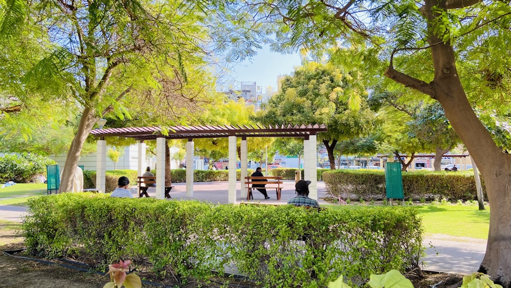 a group of people sitting on a bench in a park