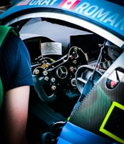 A detailed view of a custom-built simracing cockpit.