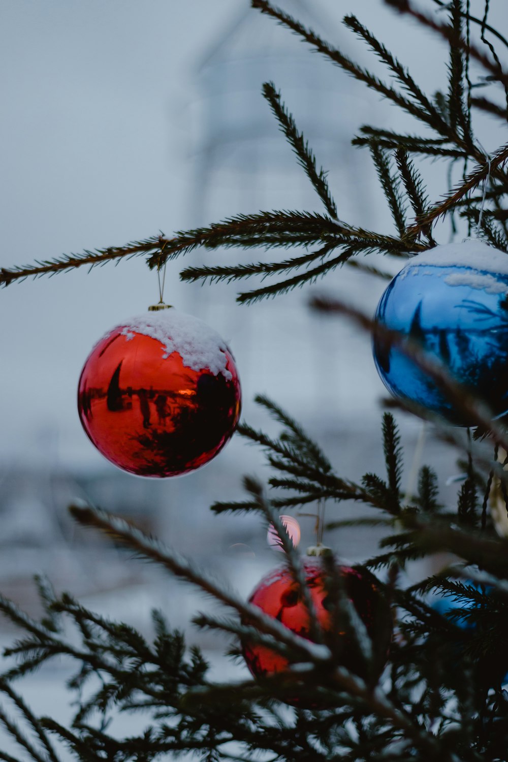 a red and blue ornament hanging from a christmas tree