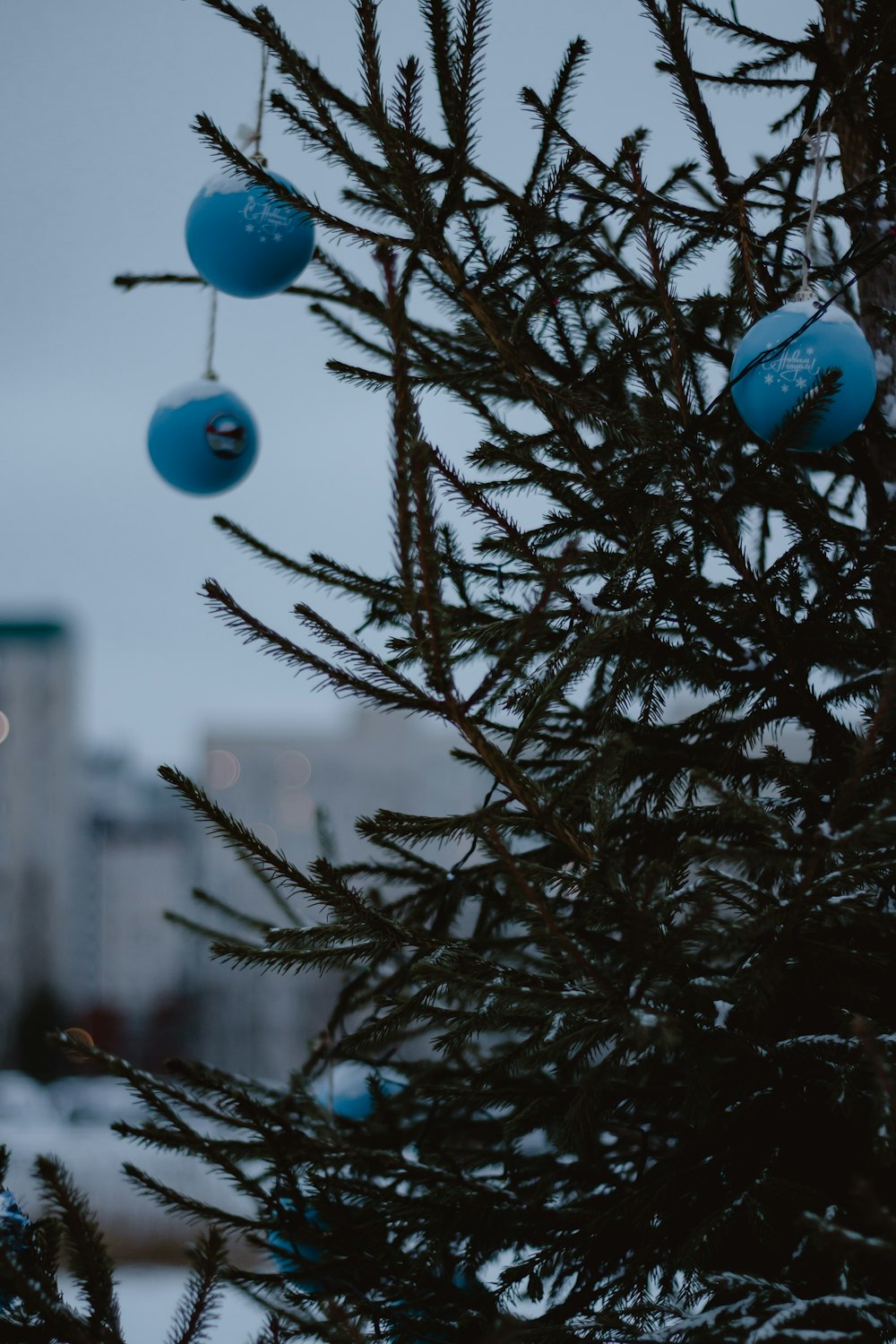 a close up of a christmas tree with blue ornaments