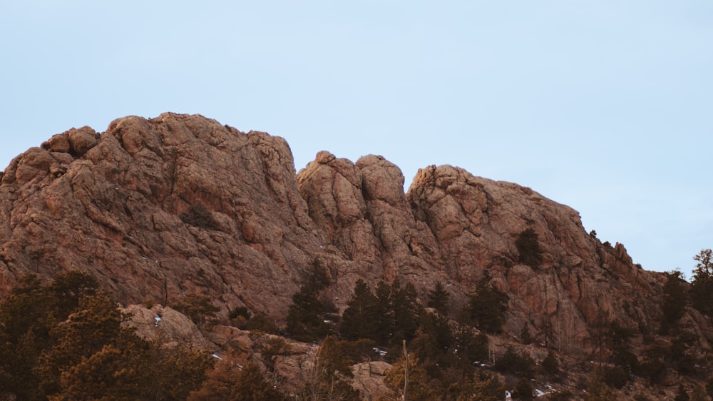 a large mountain with trees on the side of it