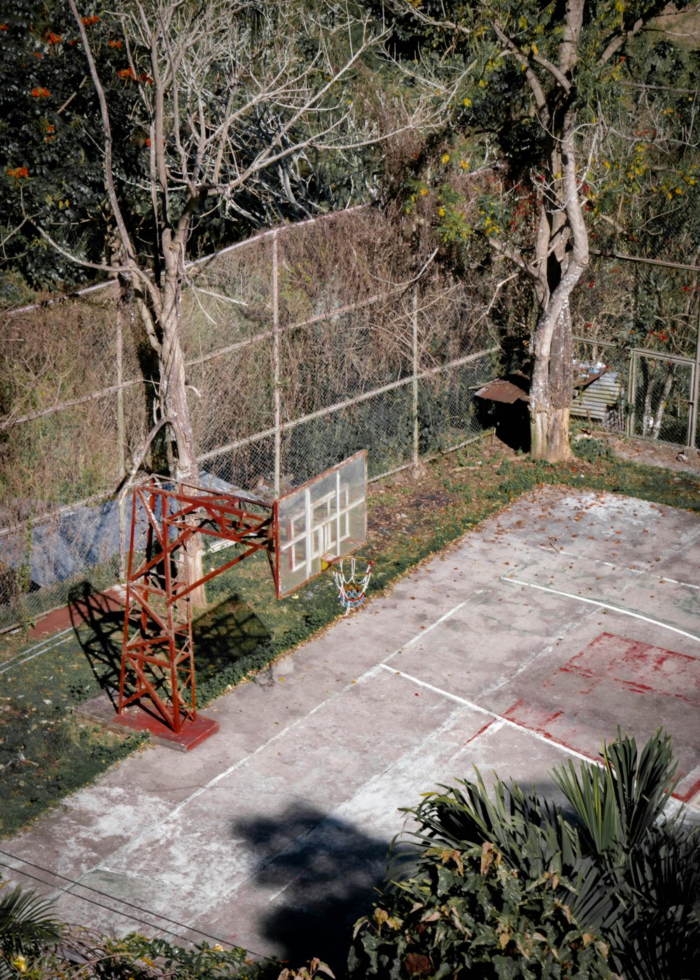a basketball court surrounded by trees and a fence