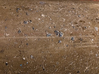 A close-up view of a rough, textured concrete surface with small pebbles and stones embedded in it. The surface has an uneven appearance with various shades of gray and brown. Small bits of blue can be seen among the natural tones.