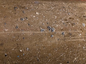 A close-up view of a rough, textured concrete surface with small pebbles and stones embedded in it. The surface has an uneven appearance with various shades of gray and brown. Small bits of blue can be seen among the natural tones.