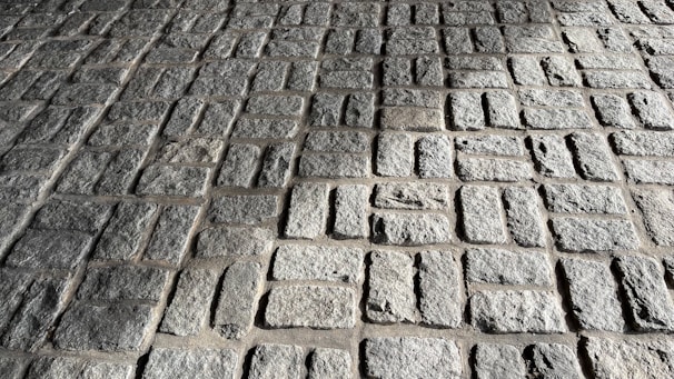 A close-up view of a stone pavement consisting of rectangular cobblestones arranged in a regular pattern. The uneven texture of the stones is highlighted by the sunlight, creating shadows and emphasizing their rugged surface.