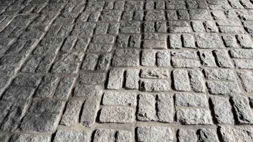 Close-up of freshly installed pavers forming a neat patio in warm sunlight.