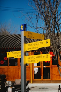 A signpost with four yellow directional signs indicating locations such as Toilet, Smoking Corner, Picture Corner, and Vending Machine. The signs are written in both English and Chinese. The background includes a traditional-style building with wooden panels, red circular decorations, and bare tree branches.