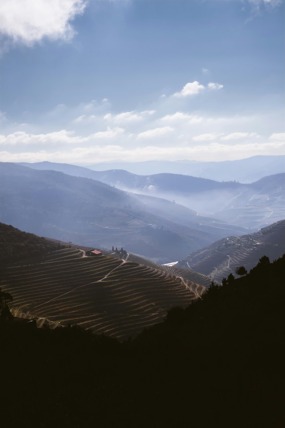 a view of a valley with mountains in the background