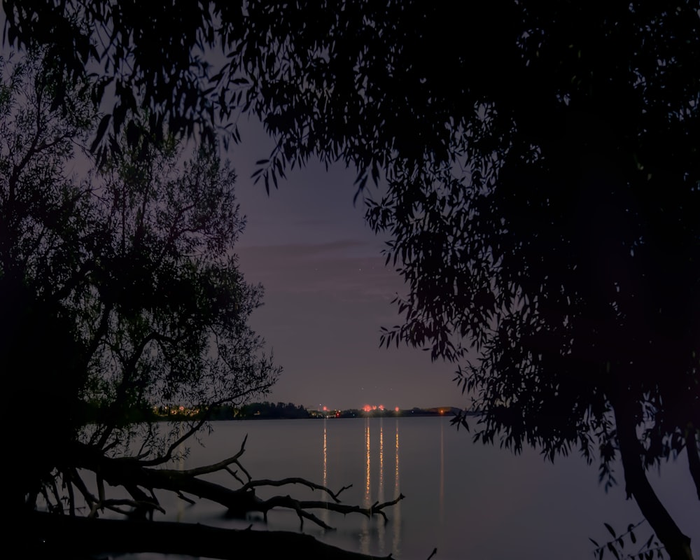 a view of a body of water at night